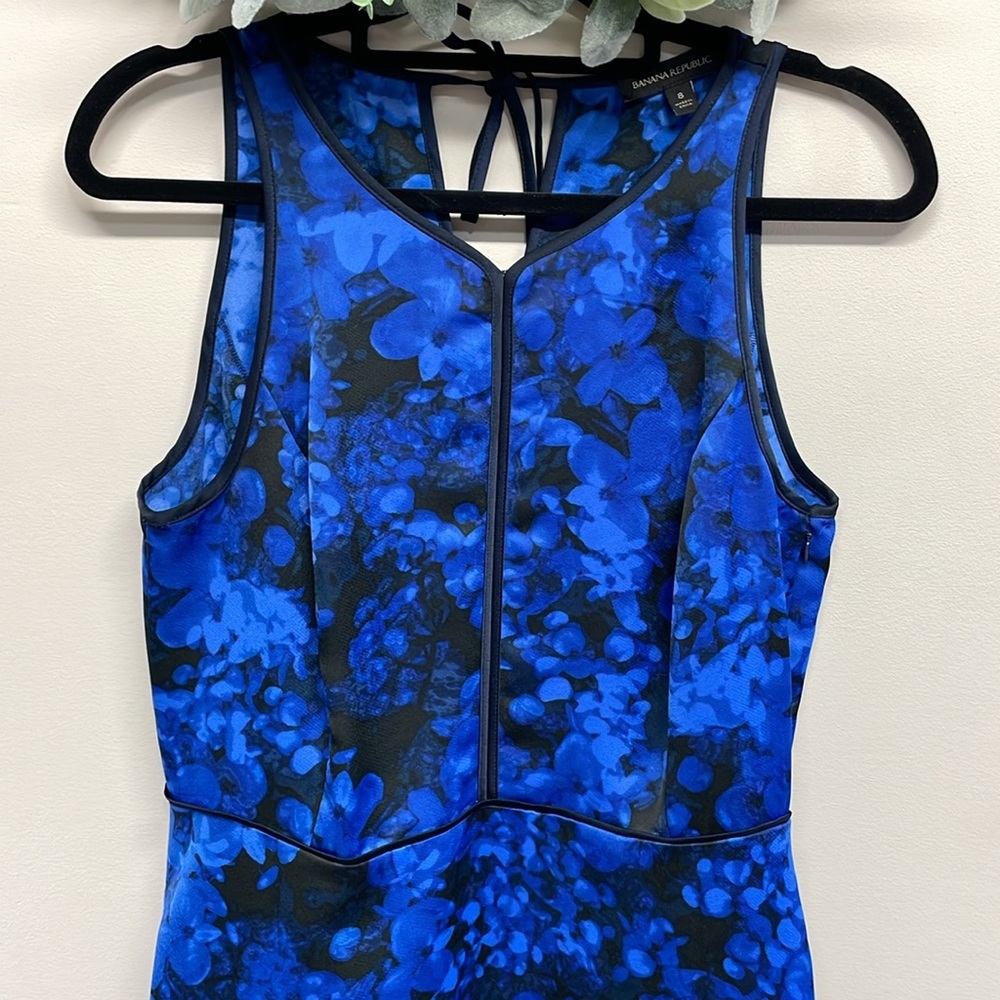 Banana Republic Kristi Black Blue Floral Sleeveless Tie Back Dress Pockets 8 - Picture 2 of 16